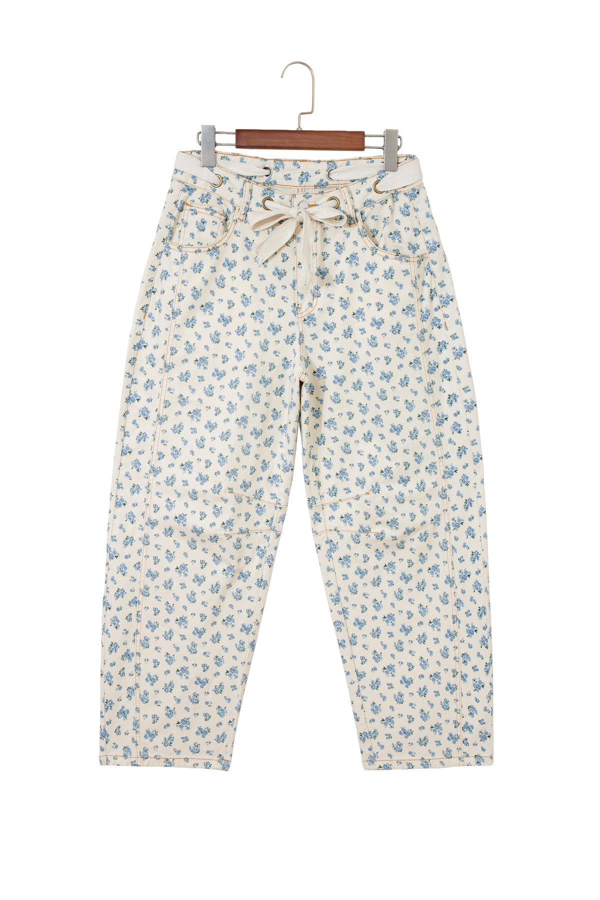 Beige Grommet Knot Waist Floral Barrel Leg Jeans