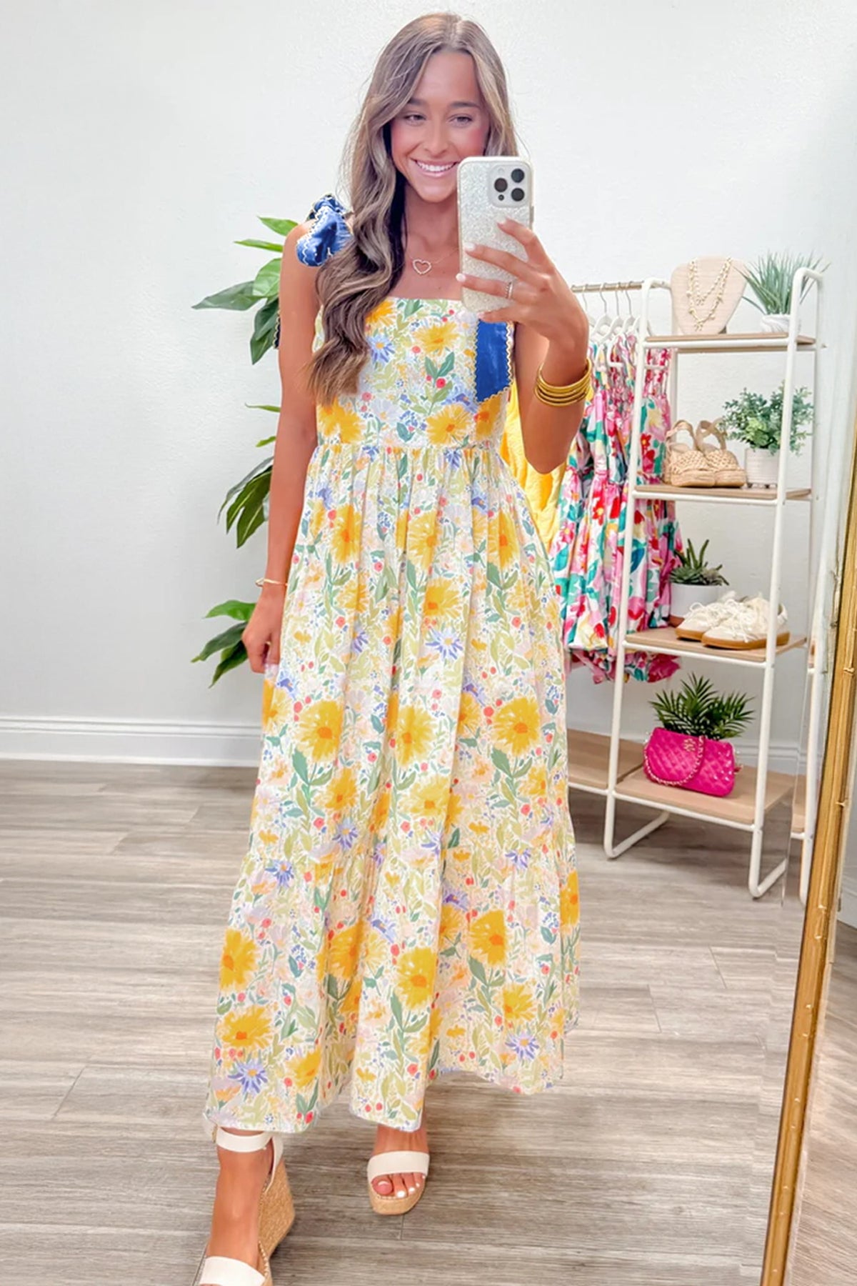 Yellow Floral Print Contrast Stitched Knot Denim Straps High Waist Dress