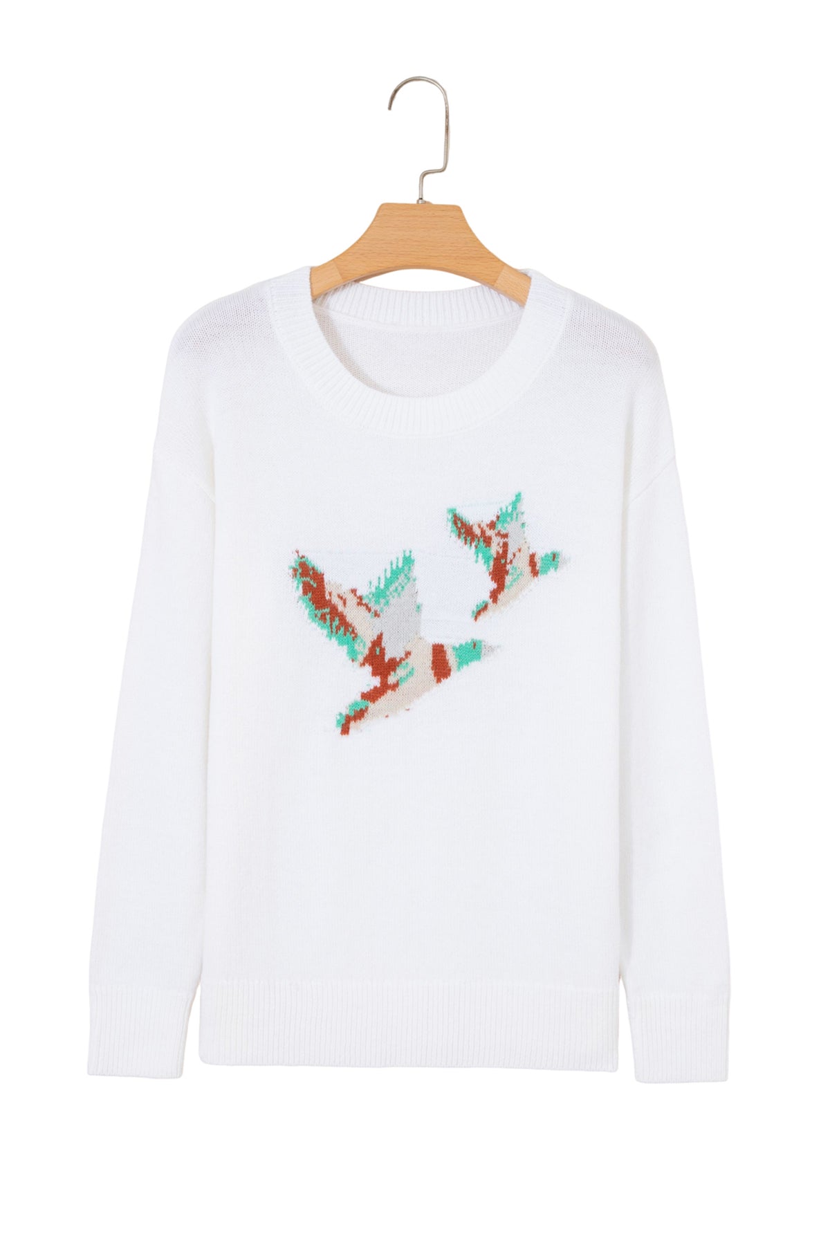 White Drop Shoulder Round Neck Long Sleeve Pullover Sweater