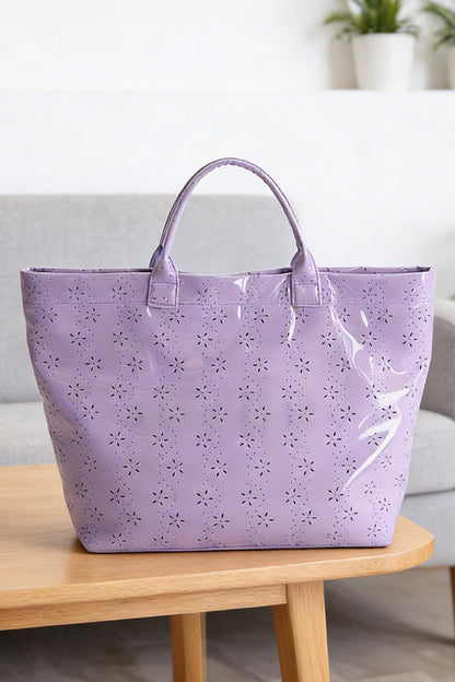 Orchid Eyelet Flower Pattern PVC Glossy Waterproof Tote Bag