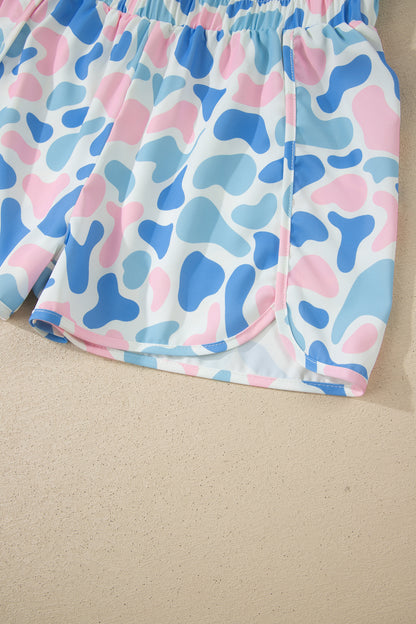 Sky Blue Camouflage Print Shirred High Waist Athleisure Shorts