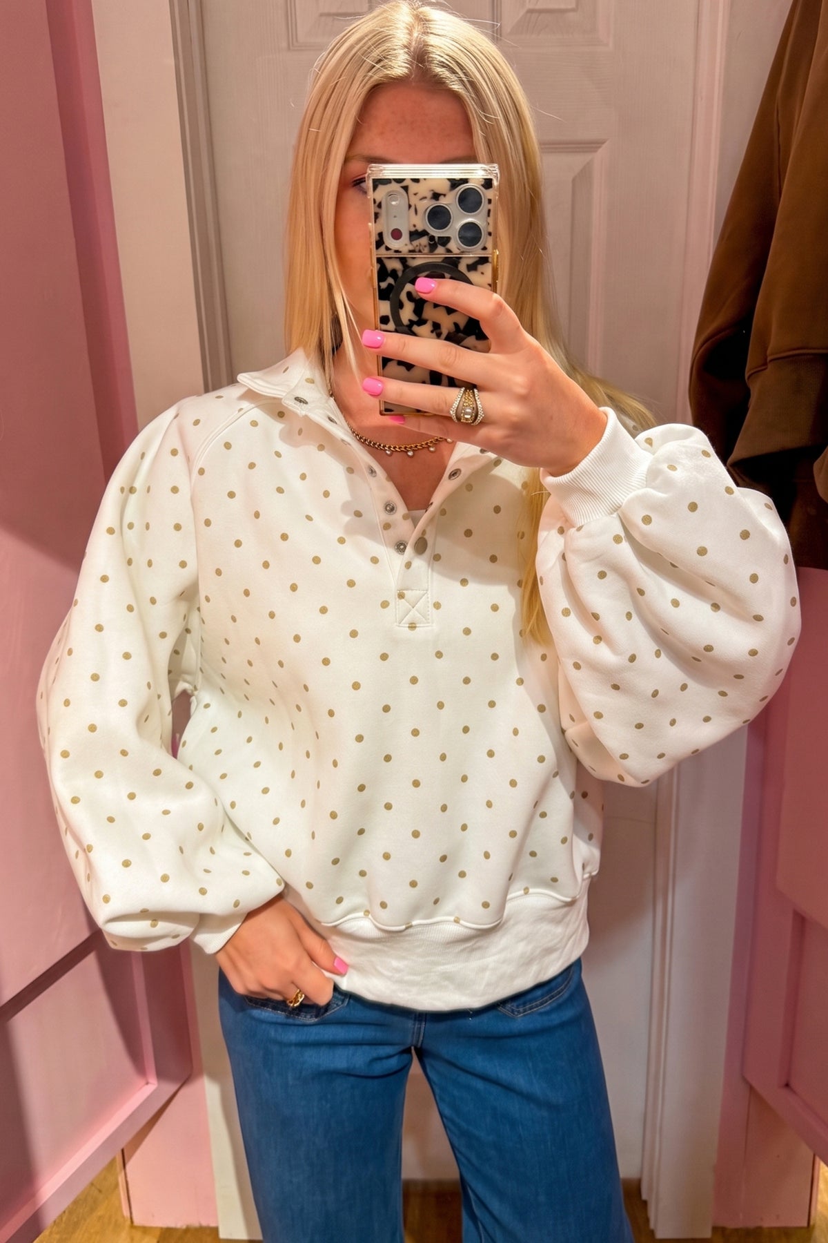 Black Polka Dot Print Metal Button Collar Casual Pullover Sweatshirt
