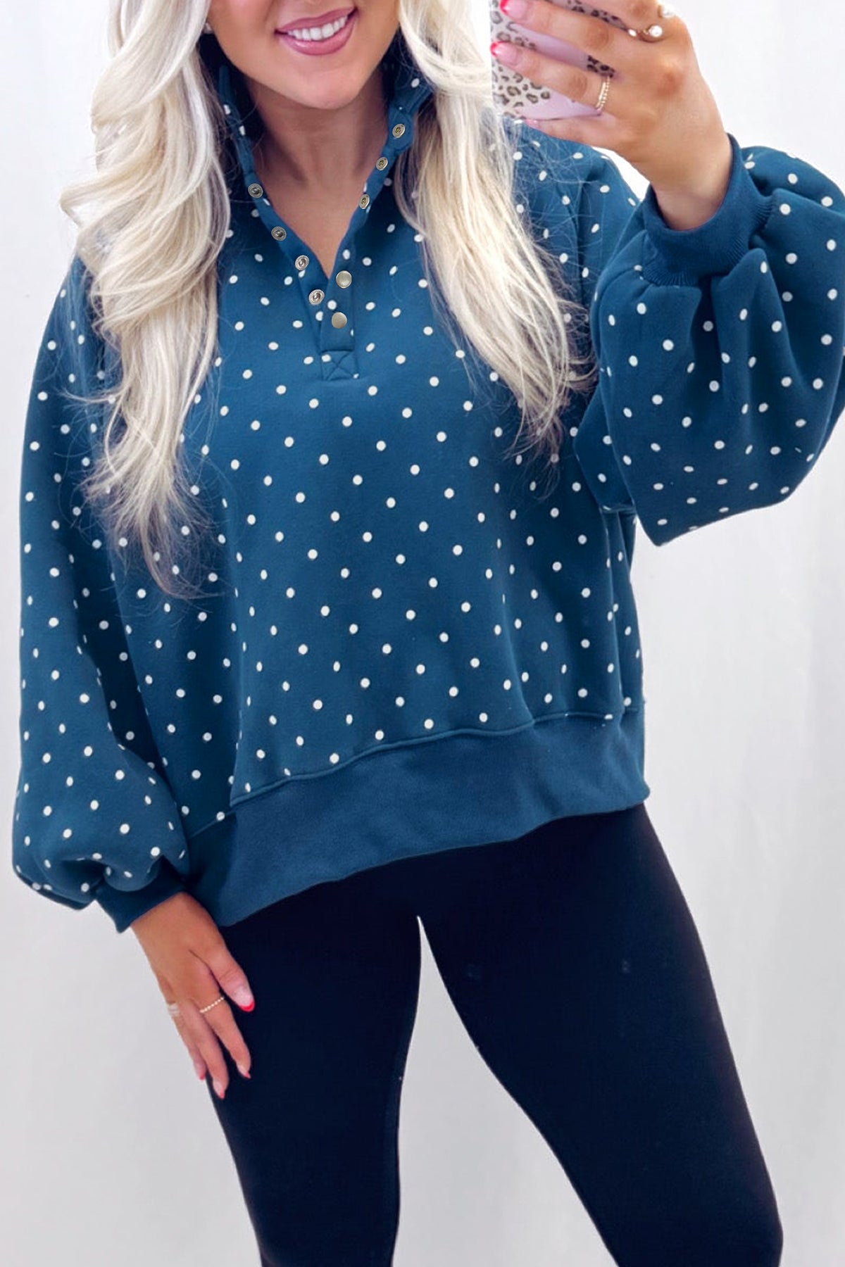 Black Polka Dot Print Metal Button Collar Casual Pullover Sweatshirt
