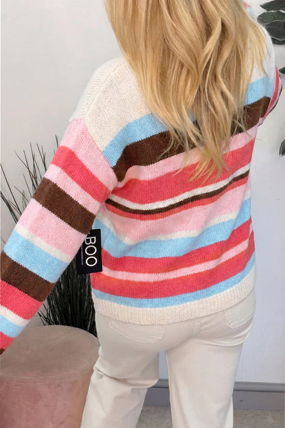 Pink Stripe Striped Colorblock Drop Shoulder Cardigan