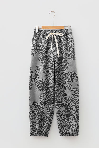 Gray Leopard Print Star Patched Drawstring Elastic Waist Jogger Pants