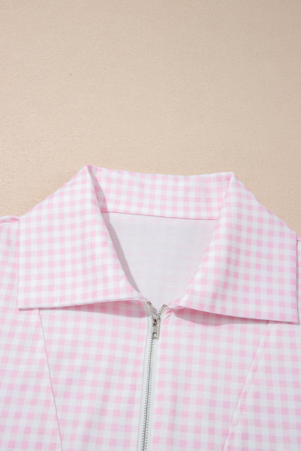 Pink Plaid Zip Neck Sleeveless Top Elastic Waist Shorts Casual Two Piece Short Set