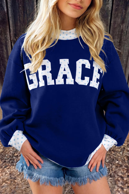 Coffee Polka Dot Trim High Neck BLESSED Letter Graphic Baggy Sweatshirt