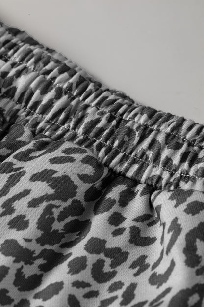 Gray Leopard Print Star Patched Drawstring Elastic Waist Jogger Pants