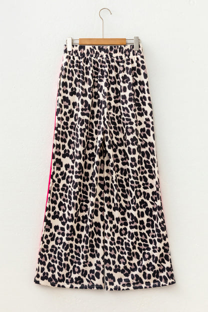 Red Contrast Detail Tie Waist Leopard Print Casual Pants