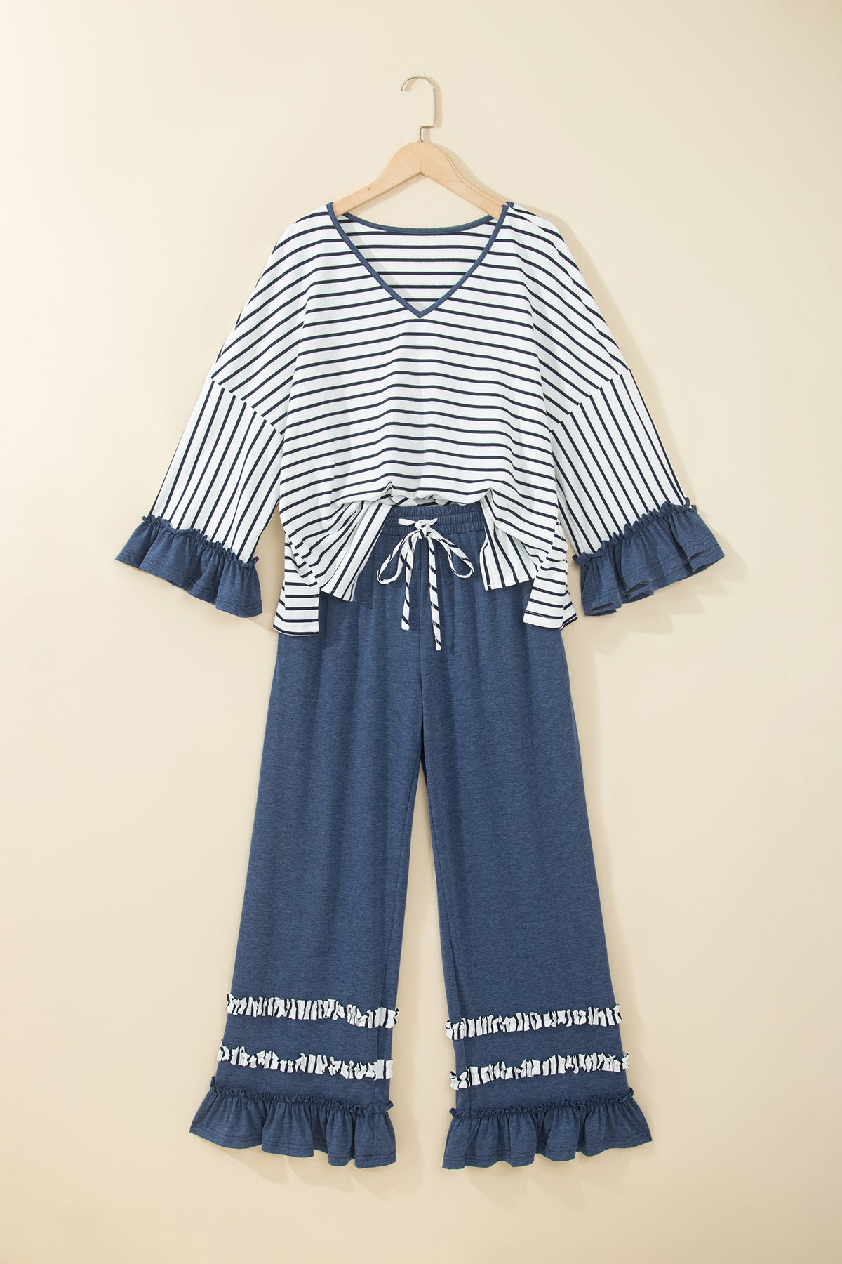 Khaki Stripe V Neck Ruffle Contrast Sleeve Top Drawstring Pants 2pcs Set