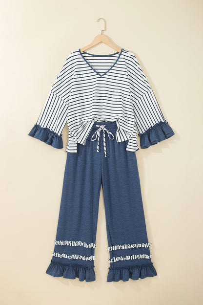 Khaki Stripe V Neck Ruffle Contrast Sleeve Top Drawstring Pants 2pcs Set