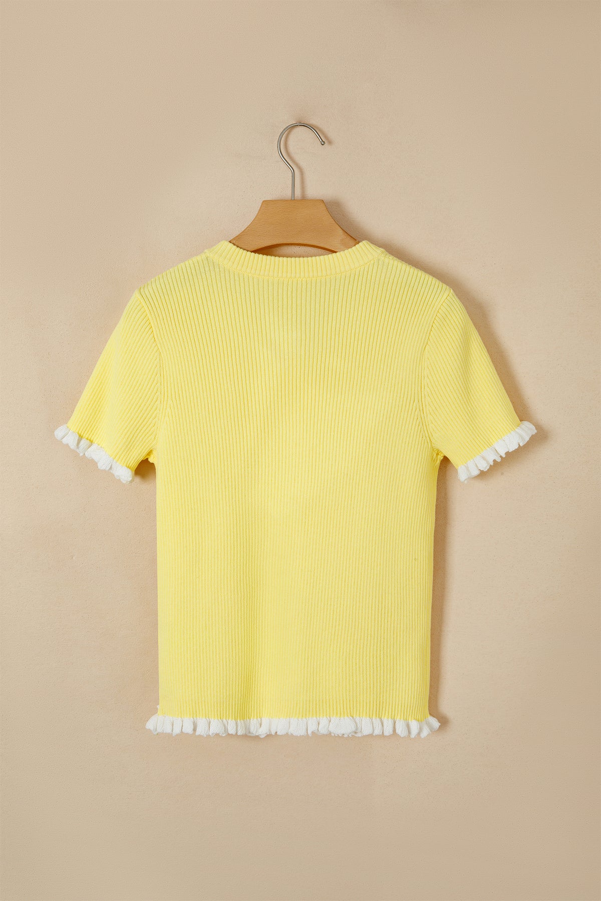 Yellow Cream Ribbed Knit Contrast Frilled Short Sleeve Sweater Cardigan