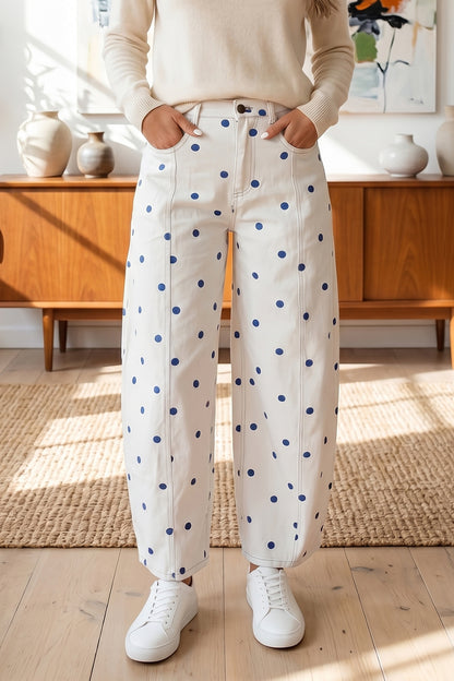 Blue Tailored Seam Polka Dot Print Ankle Length Casual Jeans