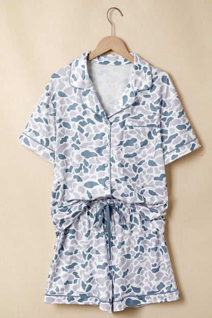 Beige Polka Dot Print Lapel Shirt Drawstring 2pcs Short Pajama Set