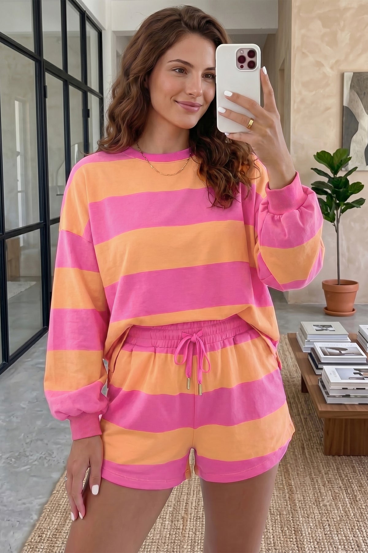 Pink Stripe Long Sleeve Casual Top Drawstring Shorts 2pcs Set