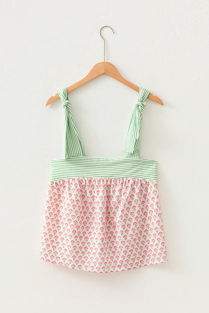Green Floral Printed Knot Straps Babydoll Tank Top
