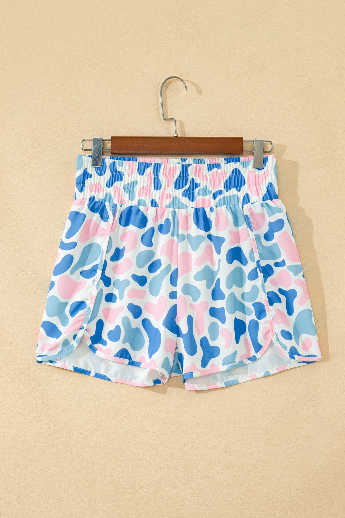 Sky Blue Camouflage Print Shirred High Waist Athleisure Shorts