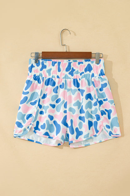 Sky Blue Camouflage Print Shirred High Waist Athleisure Shorts