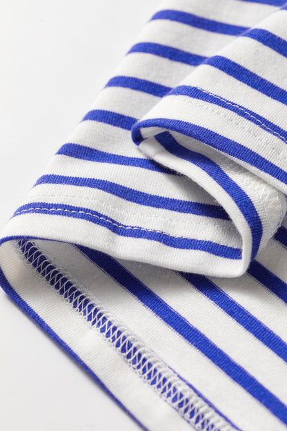 Blue Stripe Contrast Trim Round Neck Cap Sleeve Tee