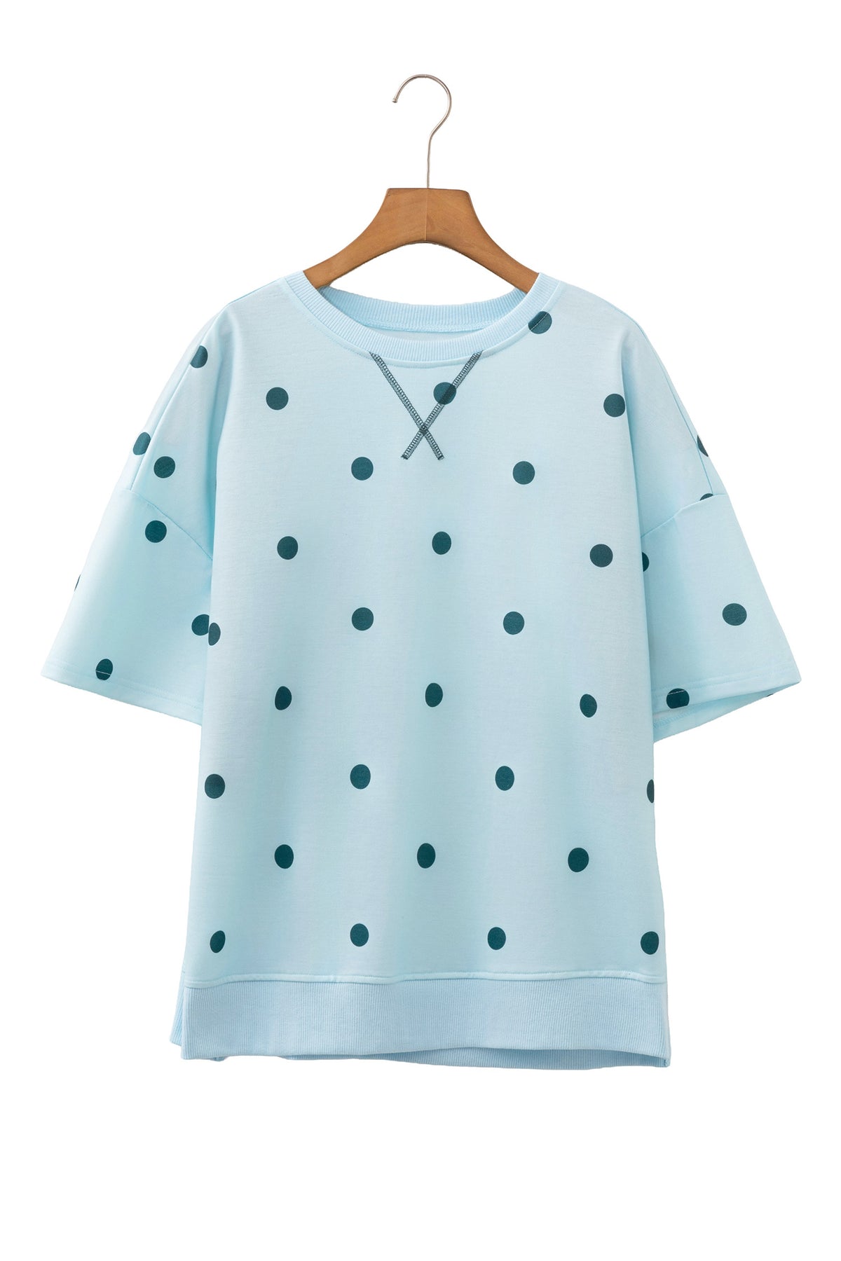 Sky Blue Polka Dot Print Crossed Seam Detail Oversize Tee