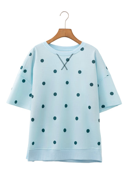 Sky Blue Polka Dot Print Crossed Seam Detail Oversize Tee