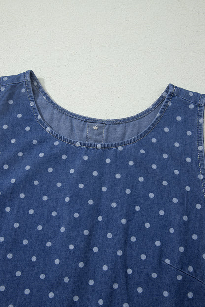 Blue Polka Dot Ruffle Hem Sleeveless Denim Mini Dress