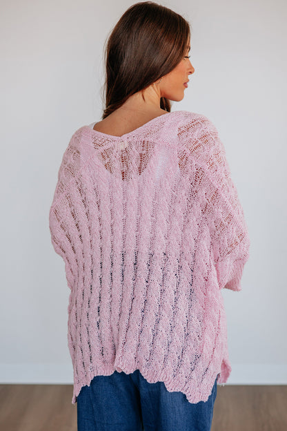 Old Rose Drop Shoulder Crochet Knit Open Front Cardigan