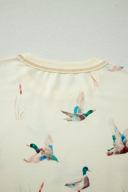 Beige Mallard Duck Print Oversized Tee Drawstring Short Set