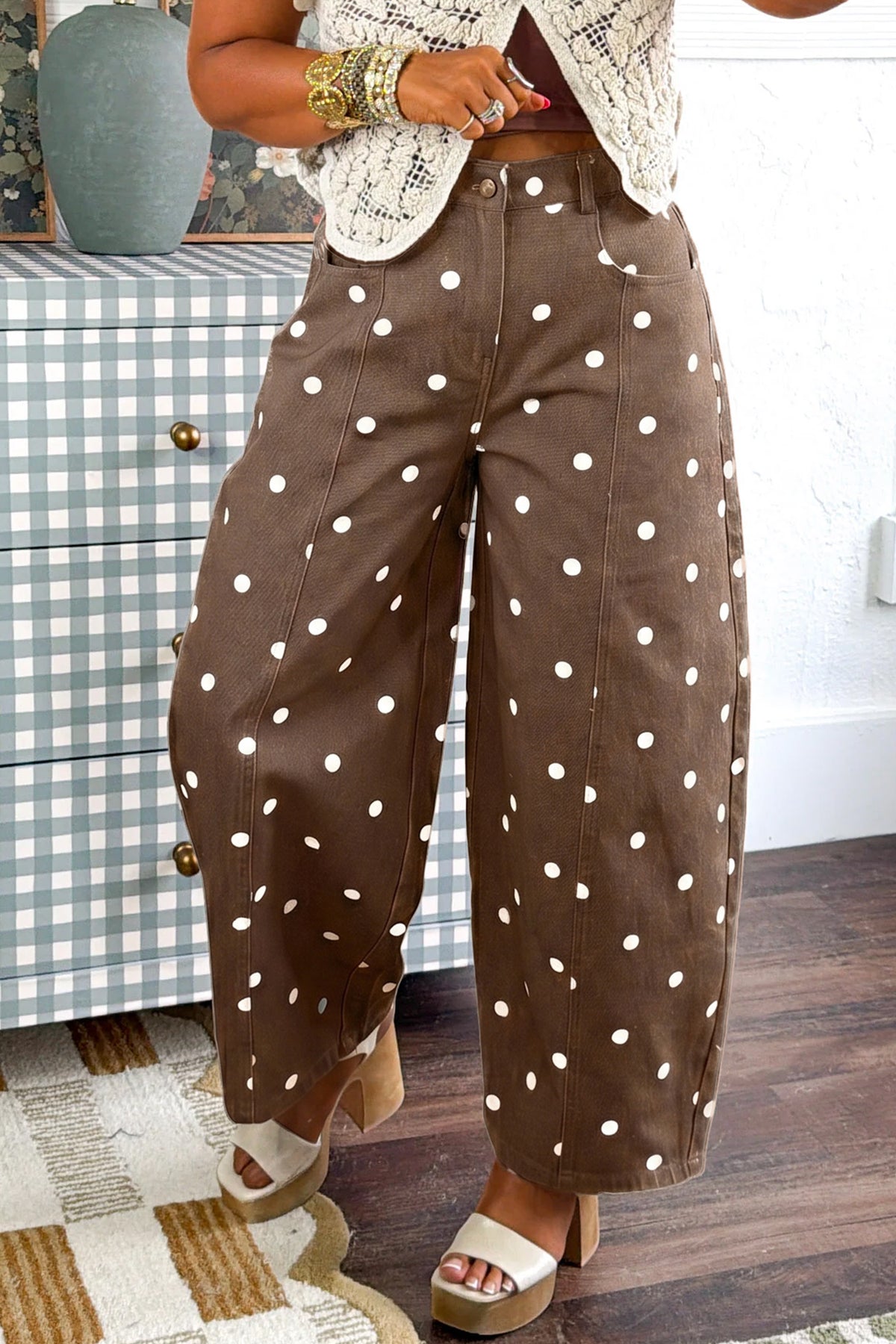 Blue Tailored Seam Polka Dot Print Ankle Length Casual Jeans