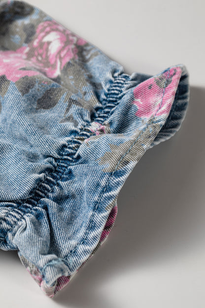 Sky Blue Floral Print Denim Short Sleeve Button Down Dress