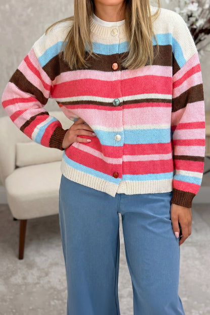 Pink Stripe Striped Colorblock Drop Shoulder Cardigan