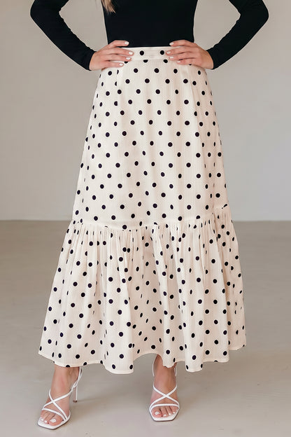 White Polka Dot Ruffled Slit Maxi Skirt