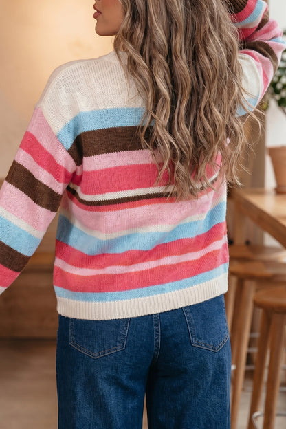 Pink Stripe Striped Colorblock Drop Shoulder Cardigan