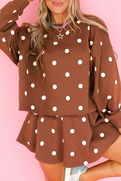 Beige Polka Dot Raw Hem Relaxed Pullover Loose Skort Two Piece Set