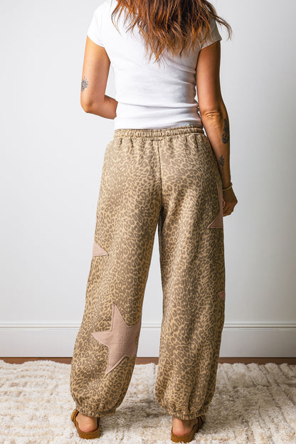Gray Leopard Print Star Patched Drawstring Elastic Waist Jogger Pants