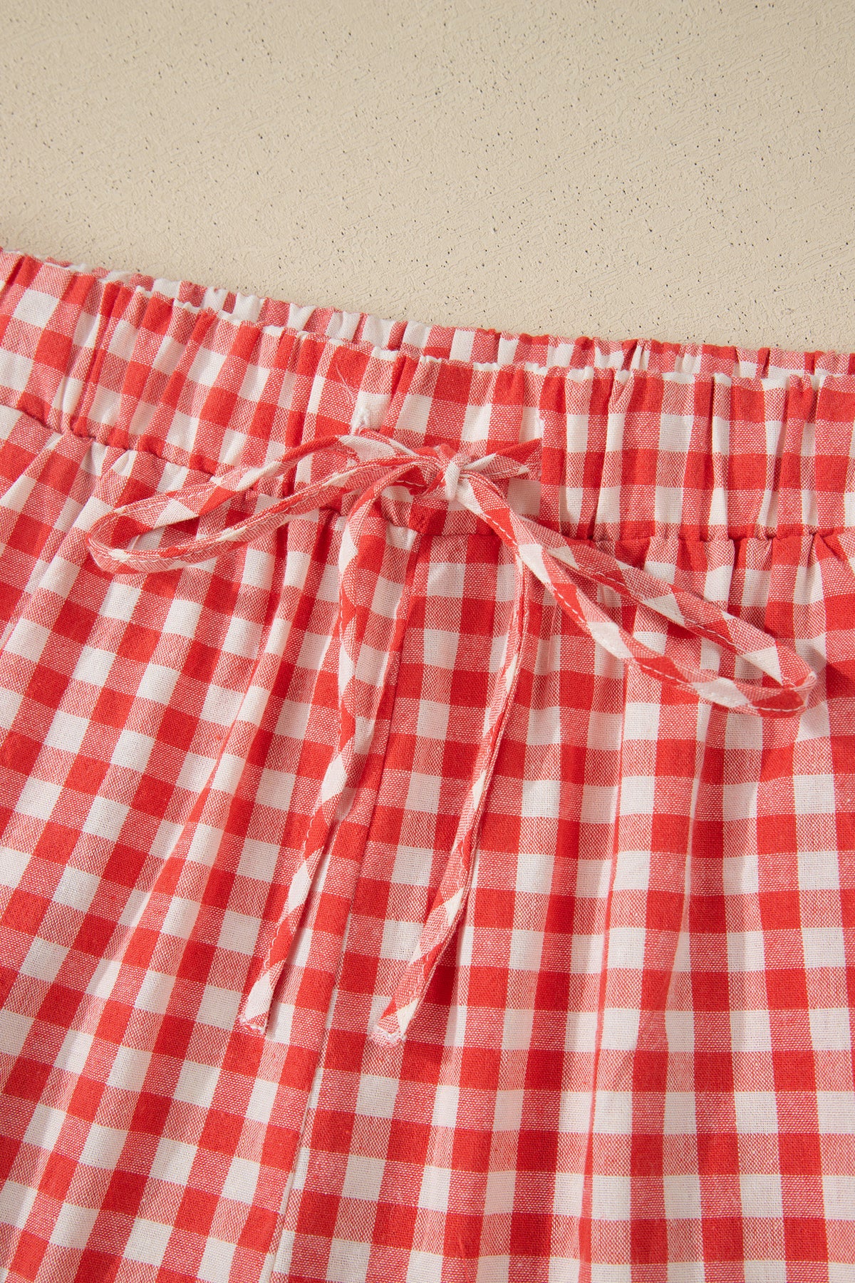Red Gingham Plaid Tie Elastic Waist Lace Patchwork Hem Casual Shorts