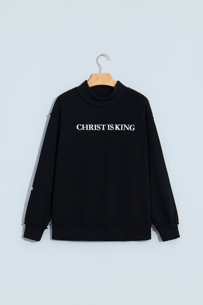 Black CHRIST IS KING Embroidery High Neck Baggy Sweatshirt