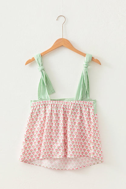 Green Floral Printed Knot Straps Babydoll Tank Top
