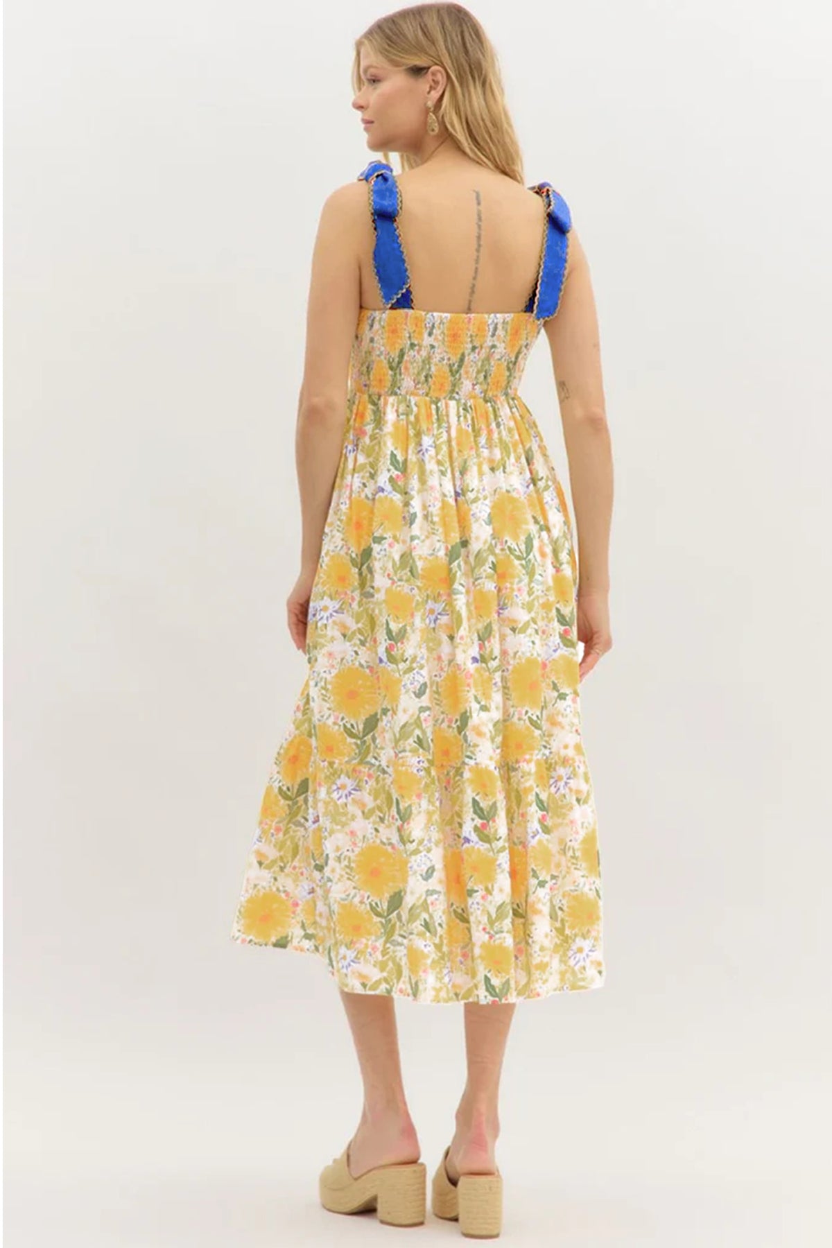 Yellow Floral Print Contrast Stitched Knot Denim Straps High Waist Dress
