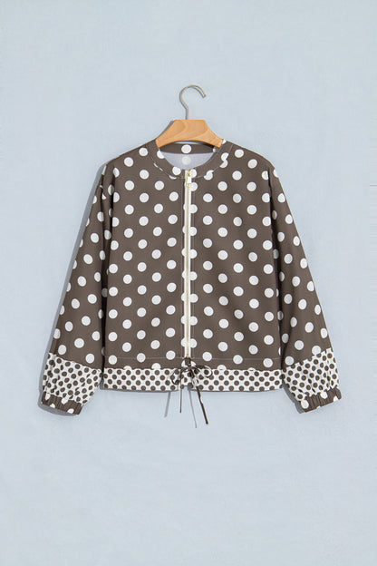 Brown Polka Dot Contrast Detail Zip-Up Long Sleeve Shacket