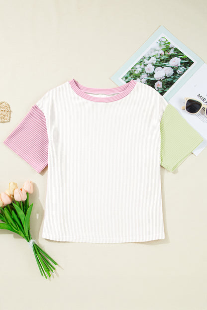 White Corded Colorblock Crewneck Tee