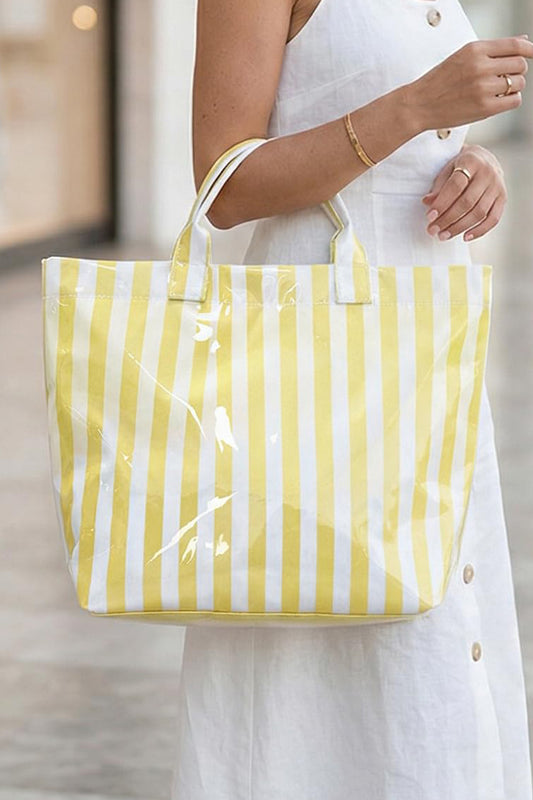 Yellow Cream Glossy Striped Vinyl Large Tote Bag