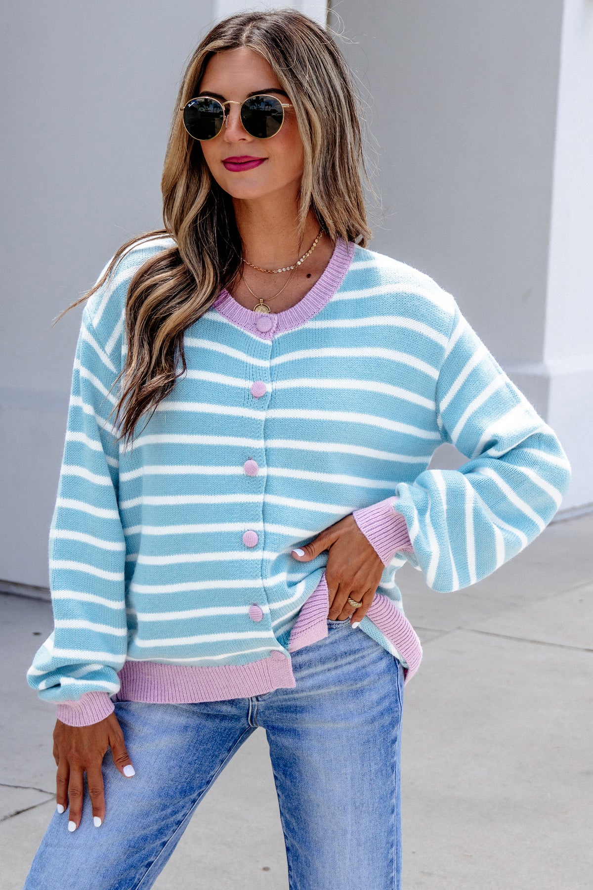 Sky Blue Stripe Striped Long Sleeve Round Neck Open Front Cardigan
