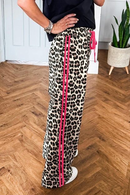 Red Contrast Detail Tie Waist Leopard Print Casual Pants