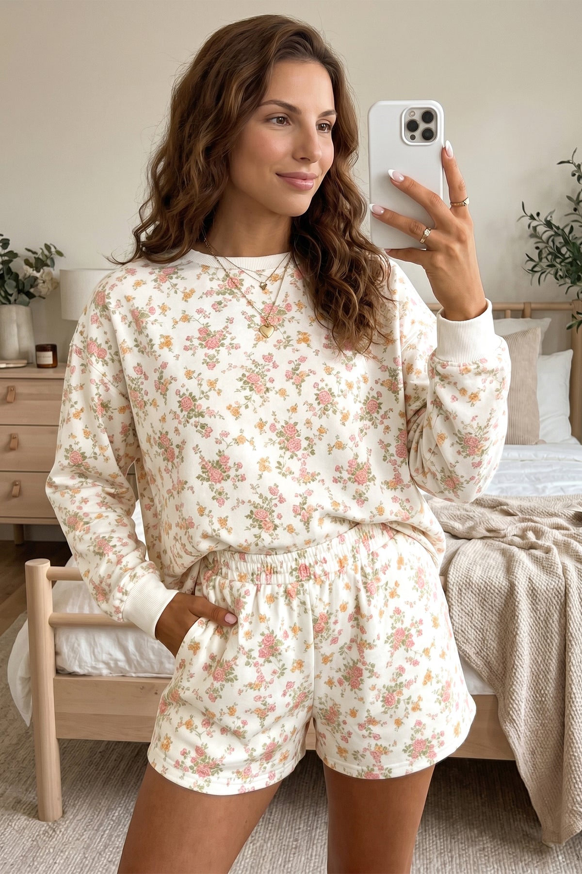 Beige Floral Print Long Sleeve Shift Top Pocketed Shorts 2pcs Set