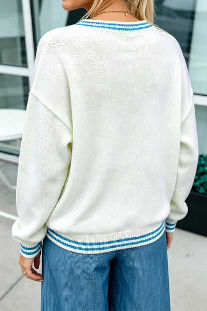 Light Blue Bulldog Contrast Trim Round Neck Casual Sweater