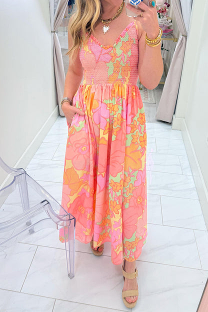 Pink Spaghetti Straps Floral Shirred High Waist Dress