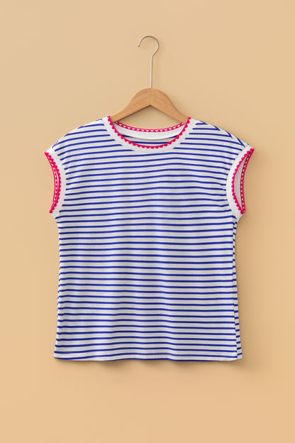 Blue Stripe Contrast Trim Round Neck Cap Sleeve Tee