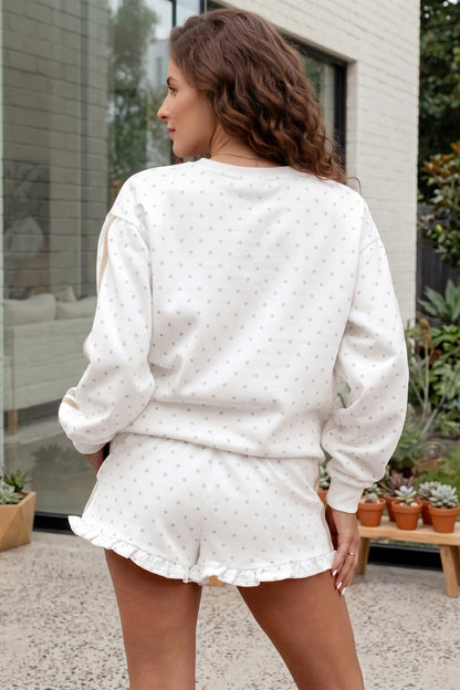White Polka Dot Print Side Stripe Detail Casual Sweatshirt 2pcs Short Set