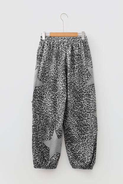 Gray Leopard Print Star Patched Drawstring Elastic Waist Jogger Pants